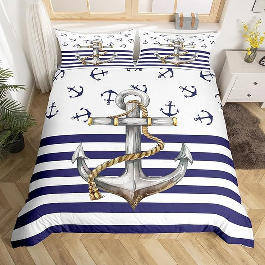 Castle Fairy Anchor Comforter Cover Twin Size, Blue Ocean Navigation Theme Print Duvet Cover Set for Kids Boys Bedroom Present, Dark Blue and White Stripes Decorative Bedding Set with 1 Pillowcase
