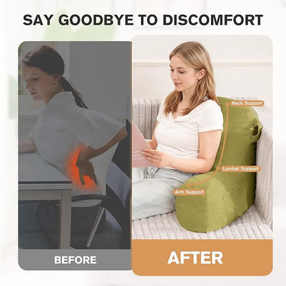 Portable Comfy Reading Pillows for Bed Sitting Up(Pale Green Oeko-Tex), Velvet Back Pillow with Arms & Pockets for Adults, Support Memory Foam Bed Pillow for Dorm/Reading/Watching/Gaming