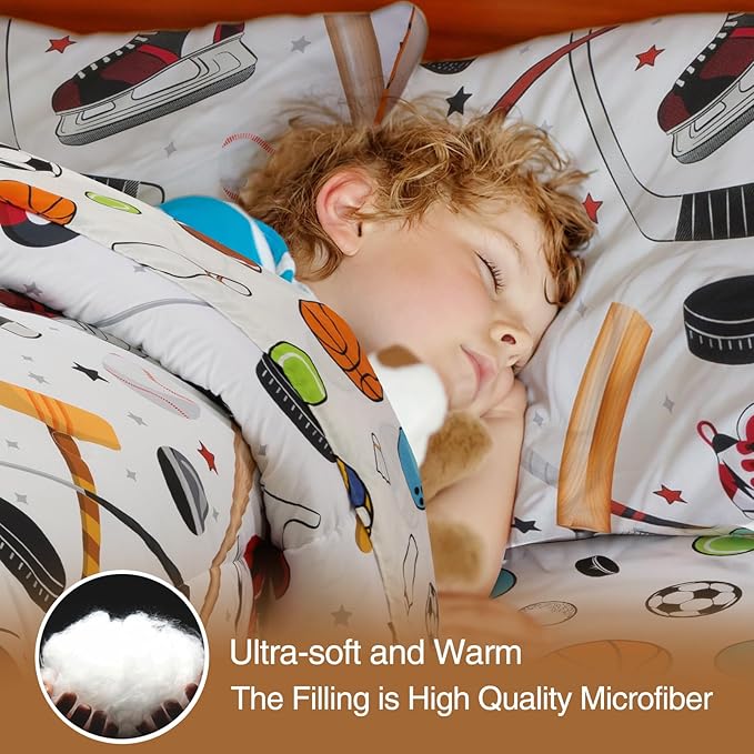 A Nice Night 6Pcs Full Sports Bedding Set for Boys, Full Comforter with Ice Skates, Baseball Bat & Hockey Design(White)