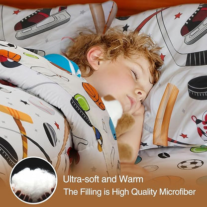A Nice Night 6Pcs Full Sports Bedding Set for Boys, Full Comforter with Ice Skates, Baseball Bat & Hockey Design(White)