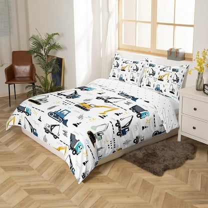 Castle Fairy Excavator Boys Duvet Cover Set Twin Size Cartoon Construction Tractor Cars Bedding Set Kids Bedroom Watercolor Traffic Graffiti Black White Vehicle Quilt Cover 2pcs CYJS6119ZMD-TJ_USt