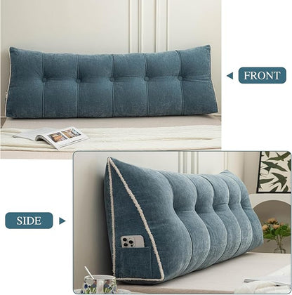 Headboard Pillow Queen, Chenille Triangular Wedge Pillow Headboard Queen Size, Reading Setting Backrest Daybed Pillows for Sofa Bed with Removable Cover, Blue