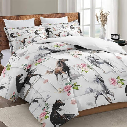 King Size Comforter Set with 2 Pillowcase, Horses Soft 3 Pcs Bedding for Kids and Adults, Pink Rose Flower Comforter Set for Room Bedroom Bed Decor