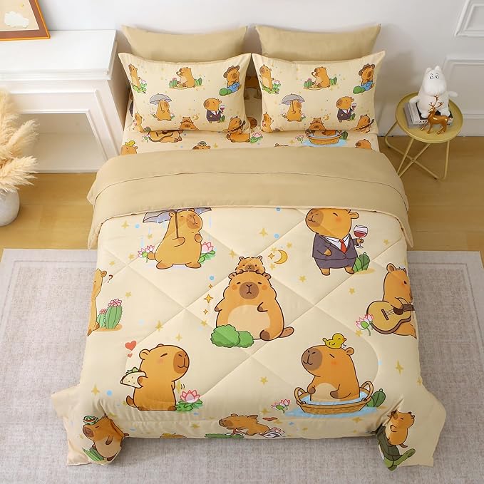7 Piece Capybara Comforter Set Full Size Cute Cartoon Capybara Bedding Set Super Soft All Season Bedroom Decor for Kids Girls Boys Teens Birthday Choice