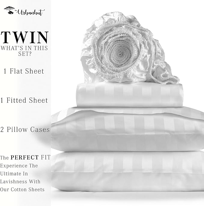URBANHUT 1000 Thread Count Pure Cotton Damask Striped Twin Size Sheets Set (4 Pc) - Ultra Soft & Smooth, Thick & Crisp Sateen Weave Full Bedding Set, Fits Upto 16" Mattress - White