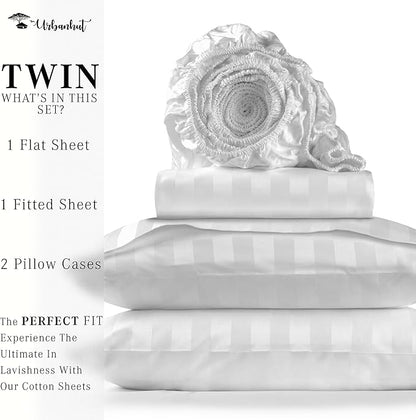 URBANHUT 1000 Thread Count Pure Cotton Damask Striped Twin Size Sheets Set (4 Pc) - Ultra Soft & Smooth, Thick & Crisp Sateen Weave Full Bedding Set, Fits Upto 16" Mattress - White