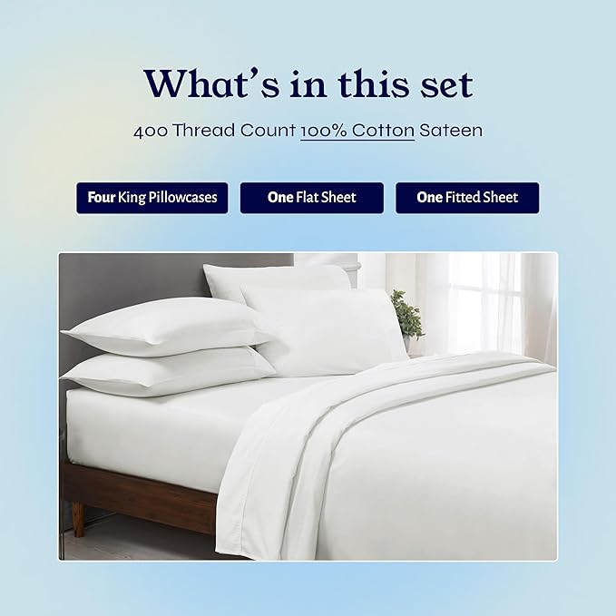 California Design Den 6-Pc King Size Sheet Set with 4 Pillowcases - Soft 400 Thread Count 100% Cotton Sheets, Sateen Weave, Deep Pocket Bedsheets Set - Ivory (Pale Tone)