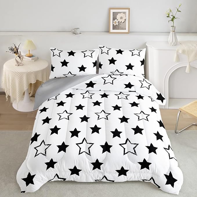 Axolotl Kids Full Bedding Comforter Set,3Pcs Super Cute Soft Black and White Stars Quilt Set Bed in A Bag with 1 Comforter 2 Pillowcases for Kids Boys Girls Teens Adults Room Decor All Season