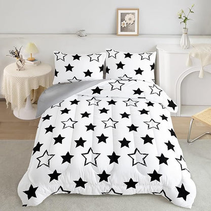 Axolotl Kids Full Bedding Comforter Set,3Pcs Super Cute Soft Black and White Stars Quilt Set Bed in A Bag with 1 Comforter 2 Pillowcases for Kids Boys Girls Teens Adults Room Decor All Season