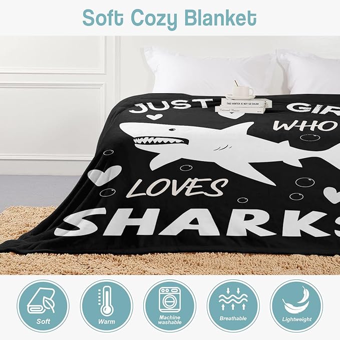 Shark Lover Blanket, Just A Girl Who Loves Sharks Blanket, Soft Warm Cozy Fleece Throw, Gifts for Girls Women Kids, 60"x80", Black