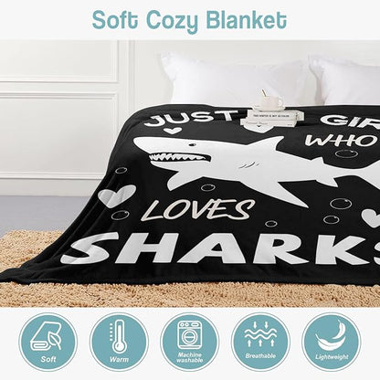 Shark Lover Blanket, Just A Girl Who Loves Sharks Blanket, Soft Warm Cozy Fleece Throw, Gifts for Girls Women Kids, 60"x80", Black
