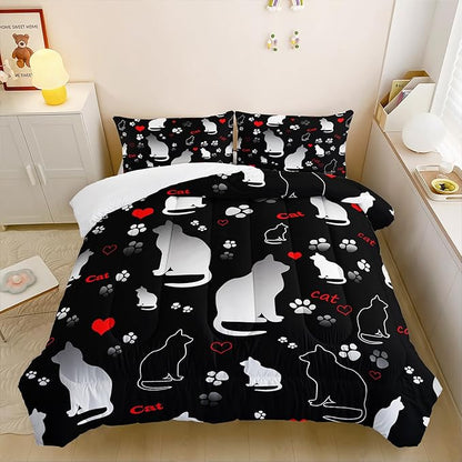 Kawaii Cat Animal Themed Comforter Set 3Pcs Full Black White Pet Cat Bedding Set for Kid Teen Girl Boy Adult Room Decor Cartoon Cat Paw Heart Pattern Quilt with 1 Comforter and 2 Pillowcases