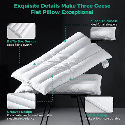 Three Geese Luxury Thin Flat Goose Feather Down Pillows King Size Set of 2, 3" Height, 100% Cotton Cover, Medium Firm Hotel Collection Ultra Slim Thin Bed Pillows, Machine Washable, 18 x 36 Inches