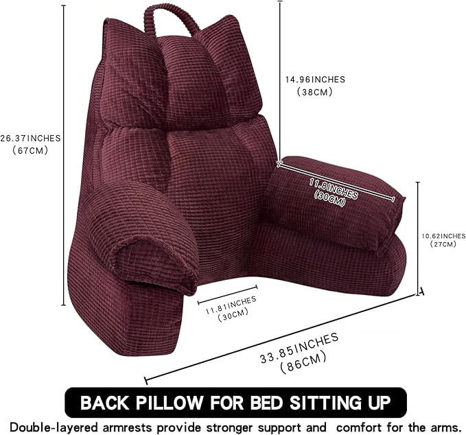 RRPAHWTV Reading Pillow for Bed with High Arm Rests,Back Support Pillow for Sitting Up in Bed with Shredded Memory Foam for Reading, TV, Gaming or Relaxing on Floor（Plum, Large）