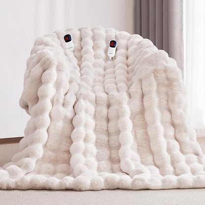 Heated Blanket King Size with 1/2/4/6/8 Hours Auto-Off 10 Heat Level, 91'' * 101'' Cozy Faux Rabbit Fur Bubble Electric Blanket with Overheat Protection(White)