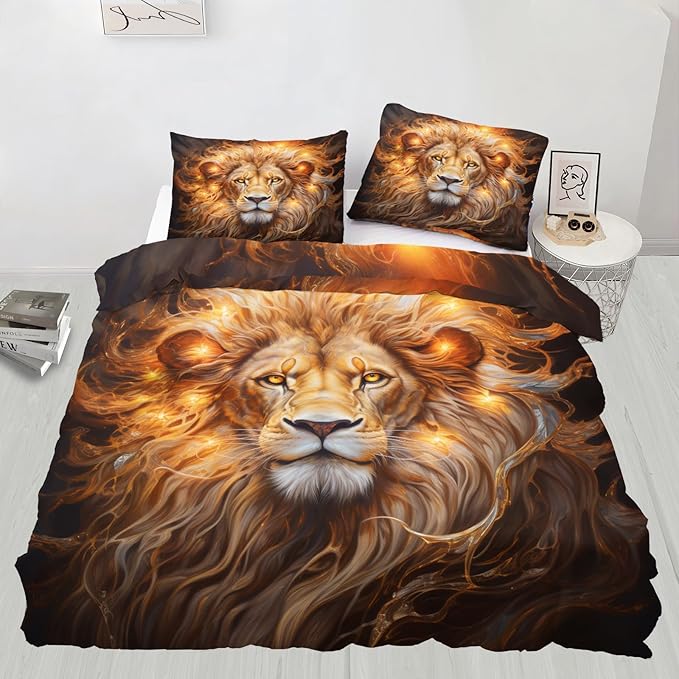 Lion Duvet Cover Twin Size, Trippy Golden Lion Bedding Set 2 Piece Kids and Adults Modern Wild Animal Comforter Cover and 1 Pillow Sham with Zipper Closure