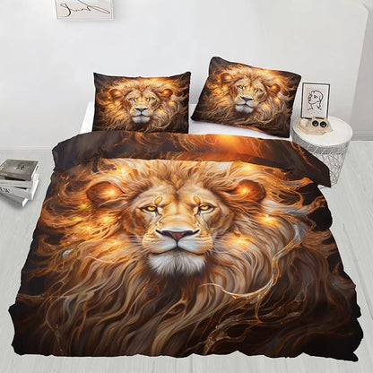 Lion Duvet Cover Twin Size, Trippy Golden Lion Bedding Set 2 Piece Kids and Adults Modern Wild Animal Comforter Cover and 1 Pillow Sham with Zipper Closure