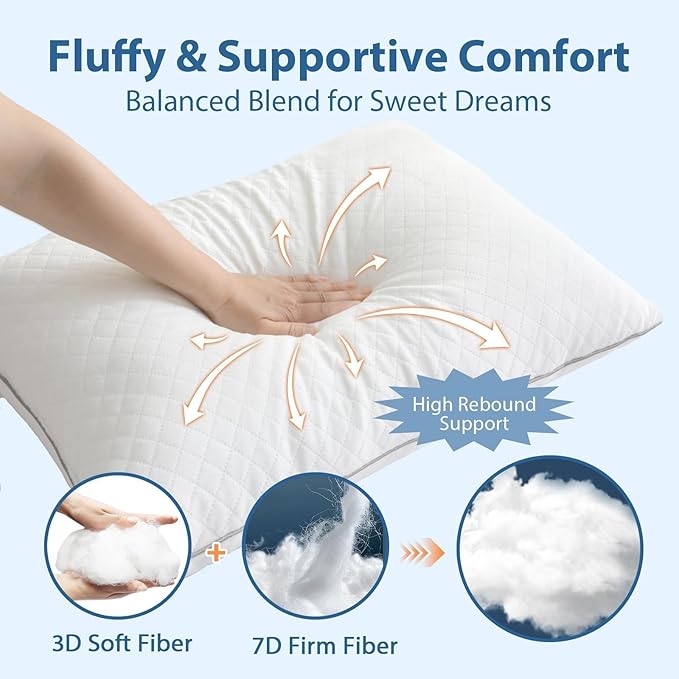 JOLLYVOGUE Pillows Standard Size Set of 2, Oeko-Tex Certified Bed Pillows for Side, Back, and Stomach Sleepers - Medium Support Down Alternative Filling, Machine-Washable