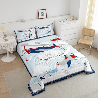 Erosebridal Helicopter Comforter Baby Nursery Toddler Bedding Set for Boys Airplane Full Bed Comforter Set, Cartoon Aircraft Blue Plane Sketch Lines Duvet Set with 2 Pillowcases