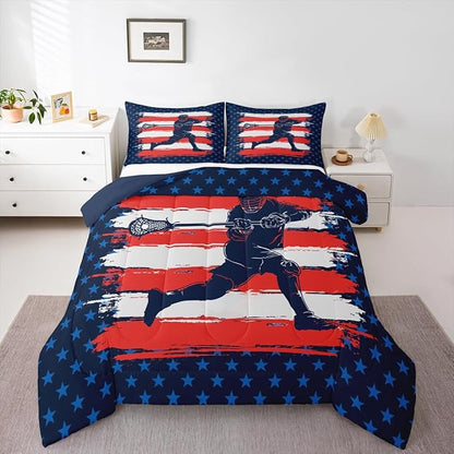 Feelyou Lacrosse Comforter Set Queen Size Boys Gilrs American Flag Sports Theme Bedding Set for Kids Adults Ultra Soft Lacrosse Player Games Comforter Navy Blue Duvet Set Room Decor Quilt Set