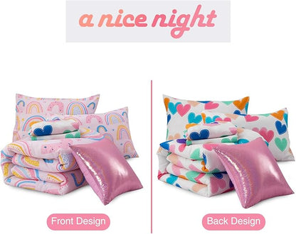 A Nice Night Lightweight Soft Cartoon Rainbow 6Pcs Full Comforter Sets, Love Hearts Printed Bedding Set for Boys Girls,Pink