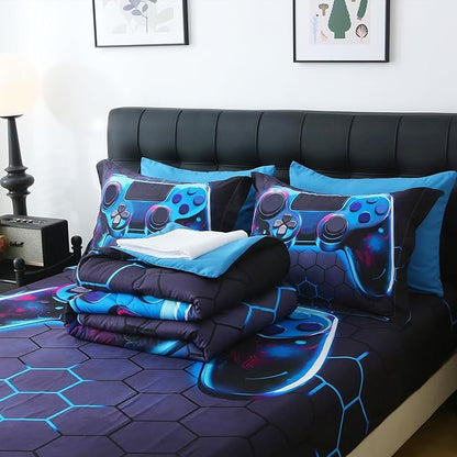 Wajade Game Console Comforter Set for Boys 7 Piece Blue 3D Gaming Geometric Bedding Sets for Kids Queen Size as Birthday with Comforter, Sheet Set, Pillowcase and Sham