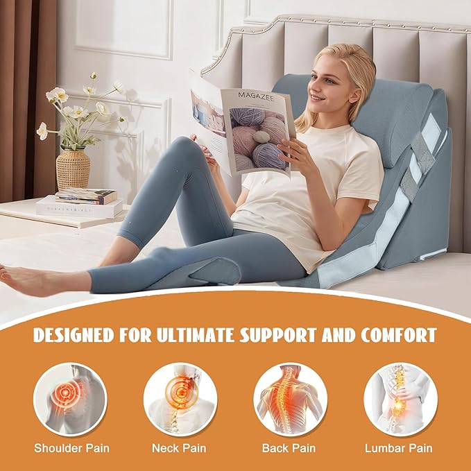 4PCS Orthopedic Bed Wedge Pillow Set, Adjustable Curve Memory Foam Wedge Pillow, Pillow Wedges for Post Surgery, Back Pain Relief, Triangle Pillows for Acid Reflux, Snoring, GERD, Grey
