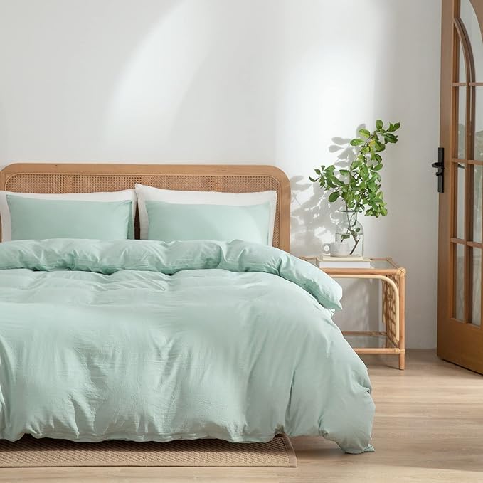 Green Duvet Cover King Size 3-Piece Set - 100% Washed Microfiber, Lightweight & Chic with Zipper Closure & Corner Ties, Includes 1 Duvet Cover & 2 Pillowcases