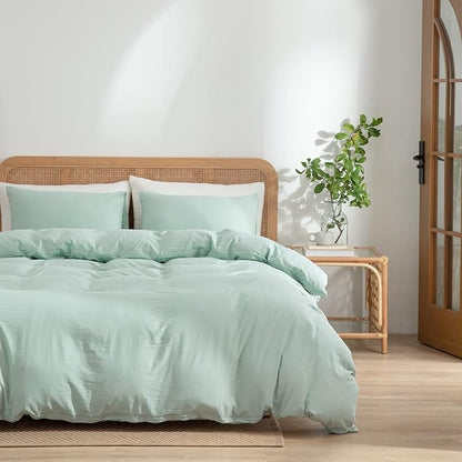 Green Duvet Cover King Size 3-Piece Set - 100% Washed Microfiber, Lightweight & Chic with Zipper Closure & Corner Ties, Includes 1 Duvet Cover & 2 Pillowcases