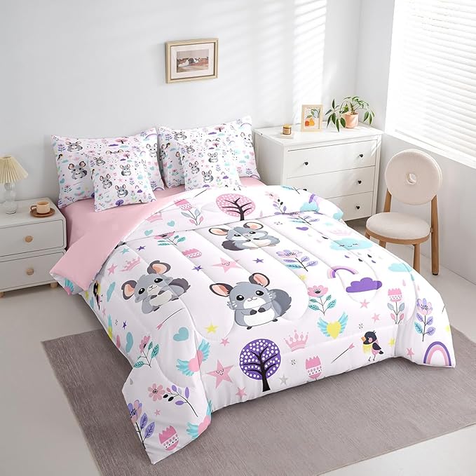 Erosebridal Comforters Twin Size Set with Sheets for Kids Floral Rats Bedding,7 Pieces Bed in a Bag Twin Cartoon Animal Bedding Sets with Comforter, Sheets, Pillowcases and Cushion Cases