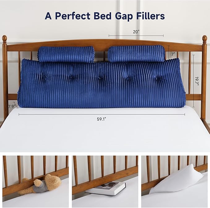 Z-hom Queen Wedge Headboard Pillow with 2 Roll Cushions, Large Reading Pillow for Bed Sitting Up, Triangular Backrest Cushion for Headboard, Ergonomic Support Pillow for Back Pain Relief, Blue
