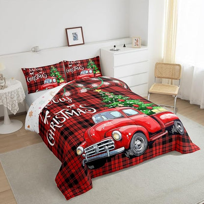 Erosebridal Christmas Comforter Set for Men & Women - Queen Size Merry Christmas Truck Duvet Insert - Black & Red Grid Checkered Down Comforter with 2 Pillowcases - Warm & Cozy for Holidays