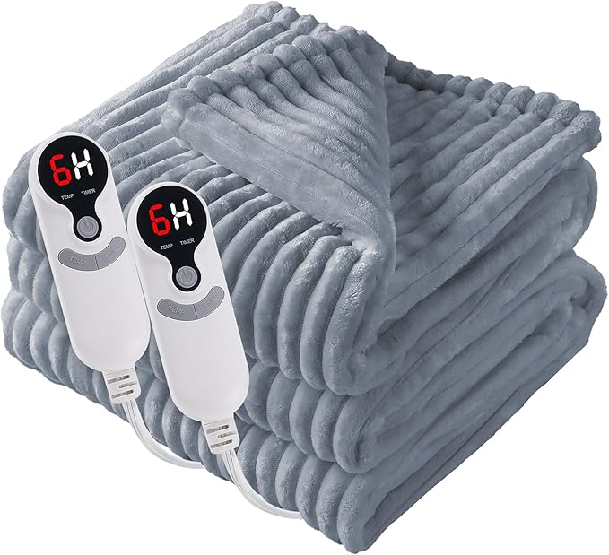 LUXIAN Electric Heated Blanket Queen Size 84"x90" - Flannel Fabric Dual-Sided, 6 Heat Settings & 1-10 Hours Auto Off, Machine Washable, Gray
