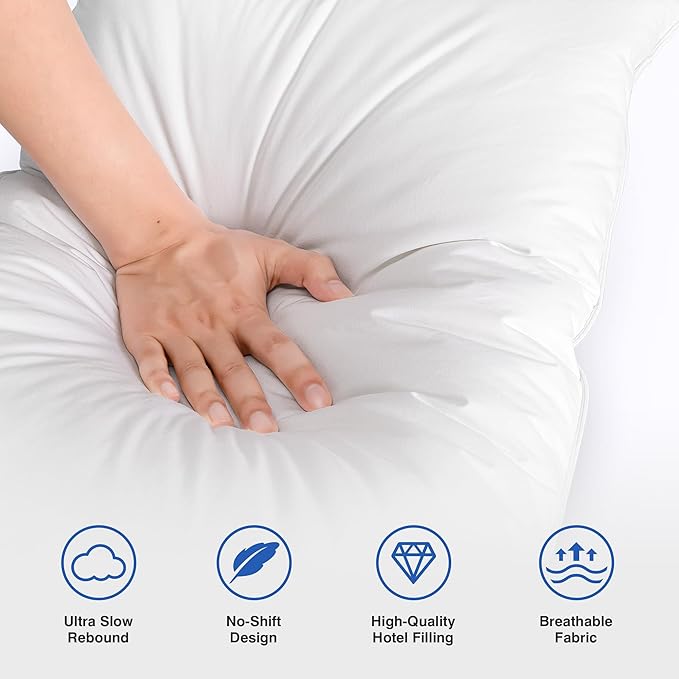 Goose Feather Pillows Queen Size Pack of 2 - Hotel Down Bed Pillow for Sleeping, Soft 600 Thread Count Cotton Cover, Fluffy Support Surround Fill Polyester for Side, Stomach, Back Sleepers