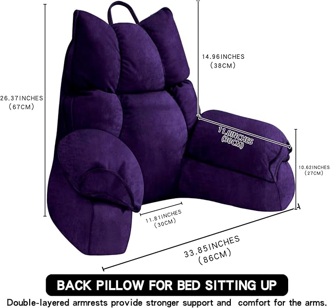 RRPAHWTV Reading Pillow for Bed with High Arm Rests,Back Support Pillow for Sitting Up in Bed with Shredded Memory Foam for Reading, TV, Gaming or Relaxing on Floor（Grape, Large）