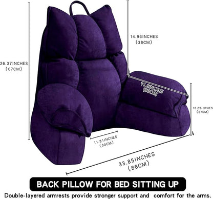 RRPAHWTV Reading Pillow for Bed with High Arm Rests,Back Support Pillow for Sitting Up in Bed with Shredded Memory Foam for Reading, TV, Gaming or Relaxing on Floor（Grape, Large）