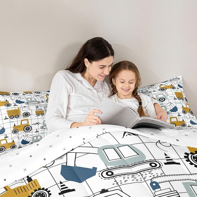 Feelyou Construction Comforter Set King Size Kids Excavator Tractor Toddler Comforter Cartoon Car Equipment Trucks Plaid Grid Comforter Set Construction Vehicles White Yellow Duvet Set