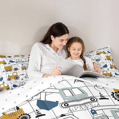 Feelyou Construction Comforter Set Full Size Kids Excavator Tractor Toddler Comforter Cartoon Car Equipment Trucks Plaid Grid Comforter Set Construction Vehicles White Yellow Duvet Set