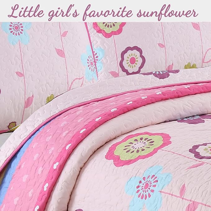 Cozy Line Home Fashions Pink Little Heart Floral Microfiber Reversible Girls Coverlet Bedspread Quilt Set, Bedspread, Coverlet (Flower Garden, Queen - 3 Pieces)