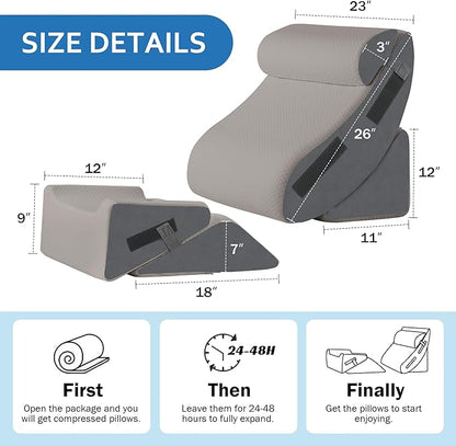 5Pcs Orthopedic Bed Wedge Pillow Set for After Surgery, Adjustable Wedge Pillow for Acid Reflux Relief, Bed Wedge Pillow Post Surgery, Memory Foam Wedge Pillows for Sleeping, Grey