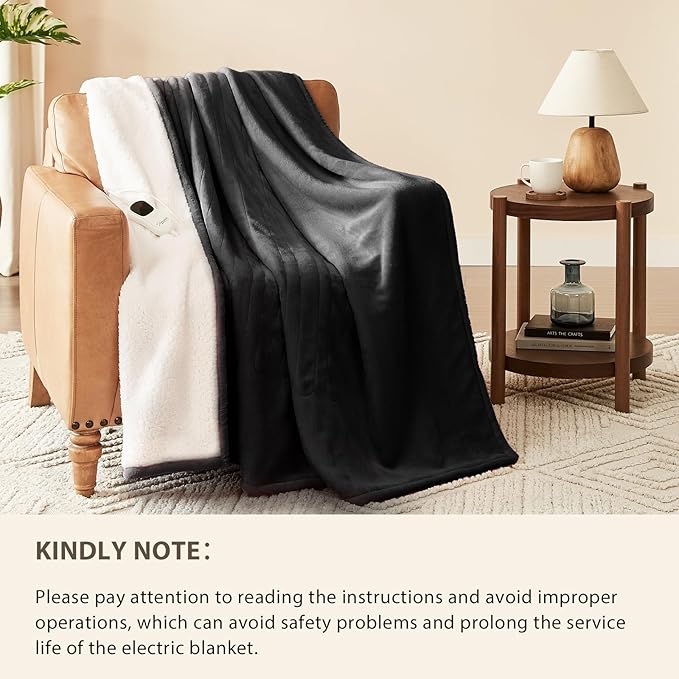 Homemate Electric Heated Blanket Twin Size - 62"x84" Heating Blanket Twin Size 1/2/4/6/8 Hours Auto-Off 10 Heat Level Over-Heat Protection Flannel Sherpa ETL Certification