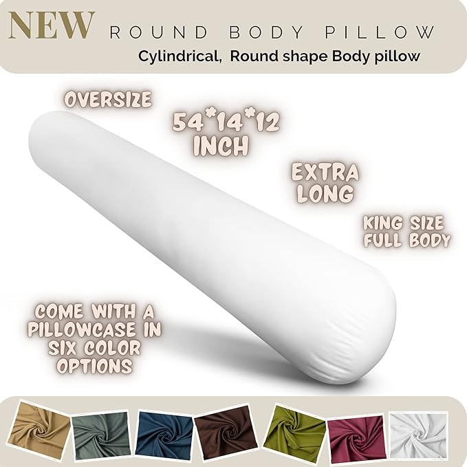 King Size Extra Long Round Body Pillow - 54x12 Bolster Pillow for Bed Extra Soft Body Pillow with Removable Pillowcase, Maternity Pillow - White