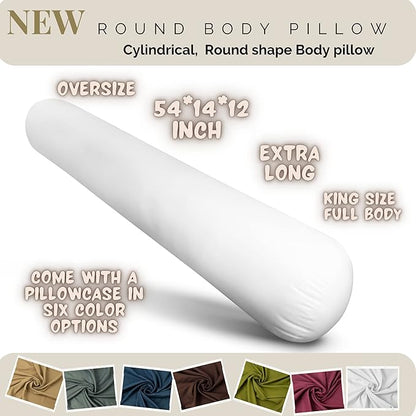 King Size Extra Long Round Body Pillow - 54x12 Bolster Pillow for Bed Extra Soft Body Pillow with Removable Pillowcase, Maternity Pillow - White