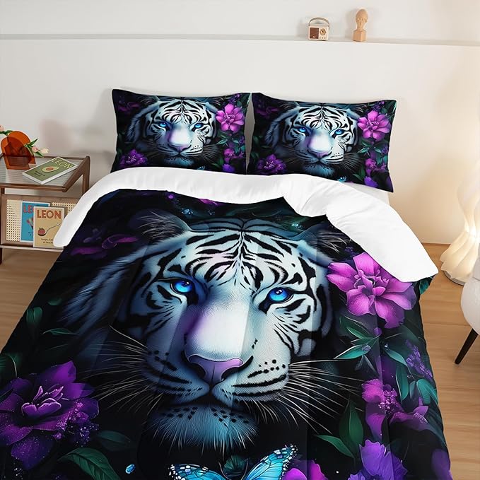 Wild Animal Themed Comforter Set King Size,White Leopard Floral Print Bedding Sets for Kids Teens Room Decor,Gothic Bedding All Season with 2 Pillowcases.