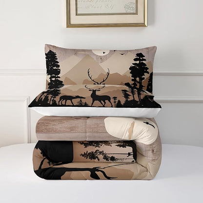 Cute Deer Comforter Set for Kids Boys Girls Child, Deer Tree Print Comforter Set Queen Size, 3 Pieces Lightweight Vintage Brown Elk Lovers Comforter with 2 Pillow Shams for All Seasons