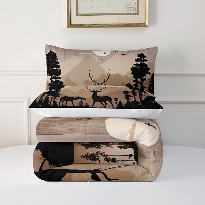 Cute Deer Comforter Set for Kids Boys Girls Child, Deer Tree Print Comforter Set Twin Size, 3 Pieces Lightweight Vintage Brown Elk Comforter with 2 Pillow Shams for All Seasons
