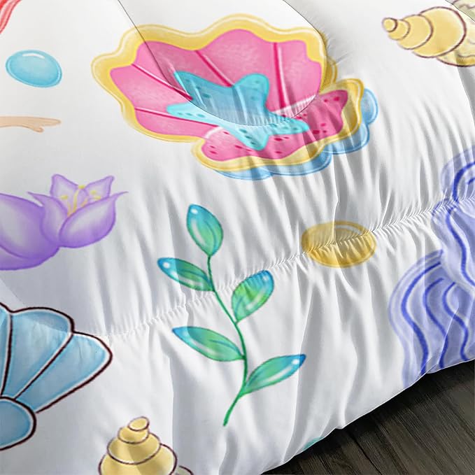 Mermaid Comforter Set Queen Size Fairy Tale Sea Shell Grass Bedding Set Starfish Quilt Bed Set for Kid Girls with 1 Comforter and 2 Pillowcases