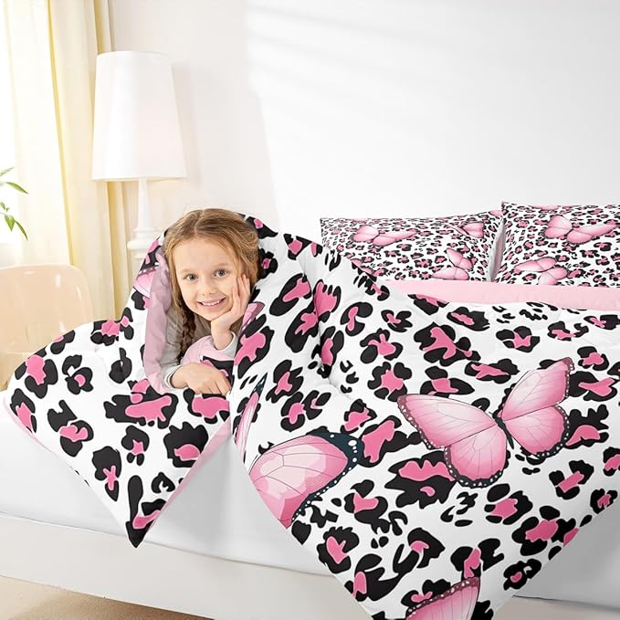 Leopard Print Comforter Set Queen,Pink Butterfly Bedding Set 3pcs for Kids Teens Boy Girl Room Decor,Wild Animals Theme Quilt Set Cheetah Fur Duvet Insert with 2 Pillowcases