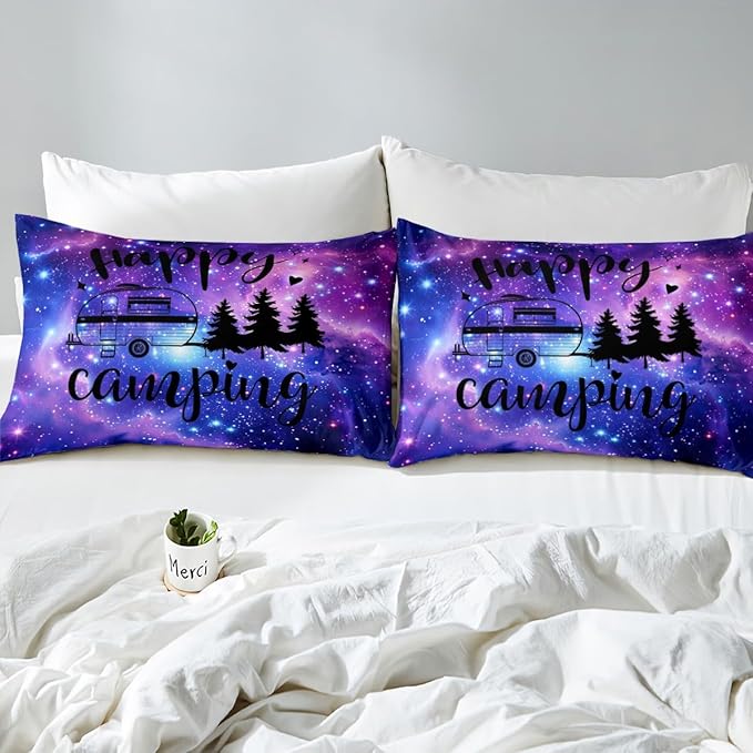 Galaxy Camper Full Size Duvet Cover Set,RV Happy Camping Sketch Comforter Cover with 2 Pillowcases,3pcs,Purple Stars Universe Nebula Polyester Bed Spread for Boys Teens Bedroom Decor