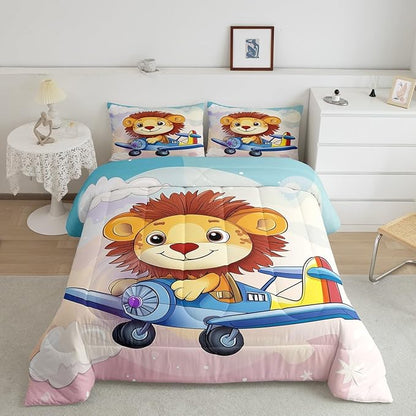 Kawaii Lion Comforter Set Full Size Cartoon Aircraft Bedding Set Bedroom Decor Cute Wildlife Animal Quilt Set for Kids Boys Girls Pastel Clouds Sky Duvet Insert 3Pcs